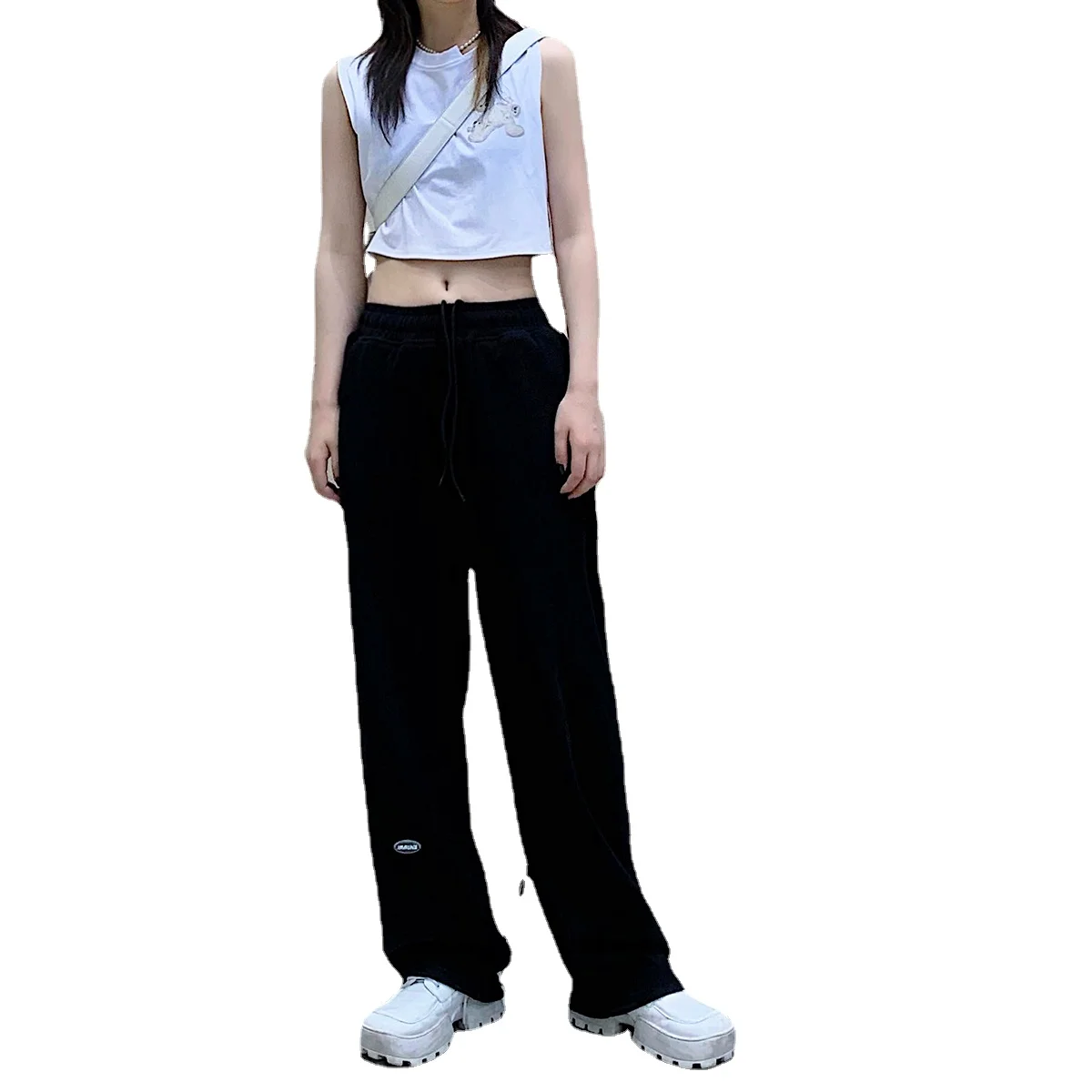 women cat paw printed sweatpants casual loose elastic waist sports pants solid color sweatpants ankle length thick trousers Trendy Gray Sports Pants Women's Spring New High Waist Ankle-Tied Baggy Straight Trousers Casual Pants Sweatpants Slimming