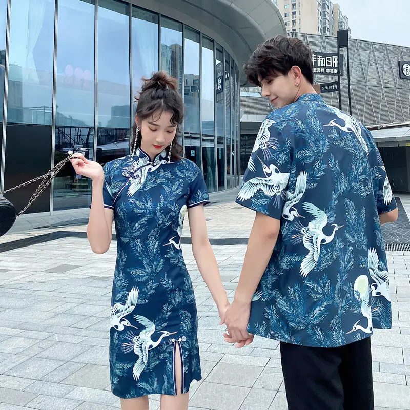 

Sweethearts Outfit 2022 New Summer Women Chinese Style Cheongsam Female Crane Print Retro Dress Qipao Short Sleeve Shirt Lovers