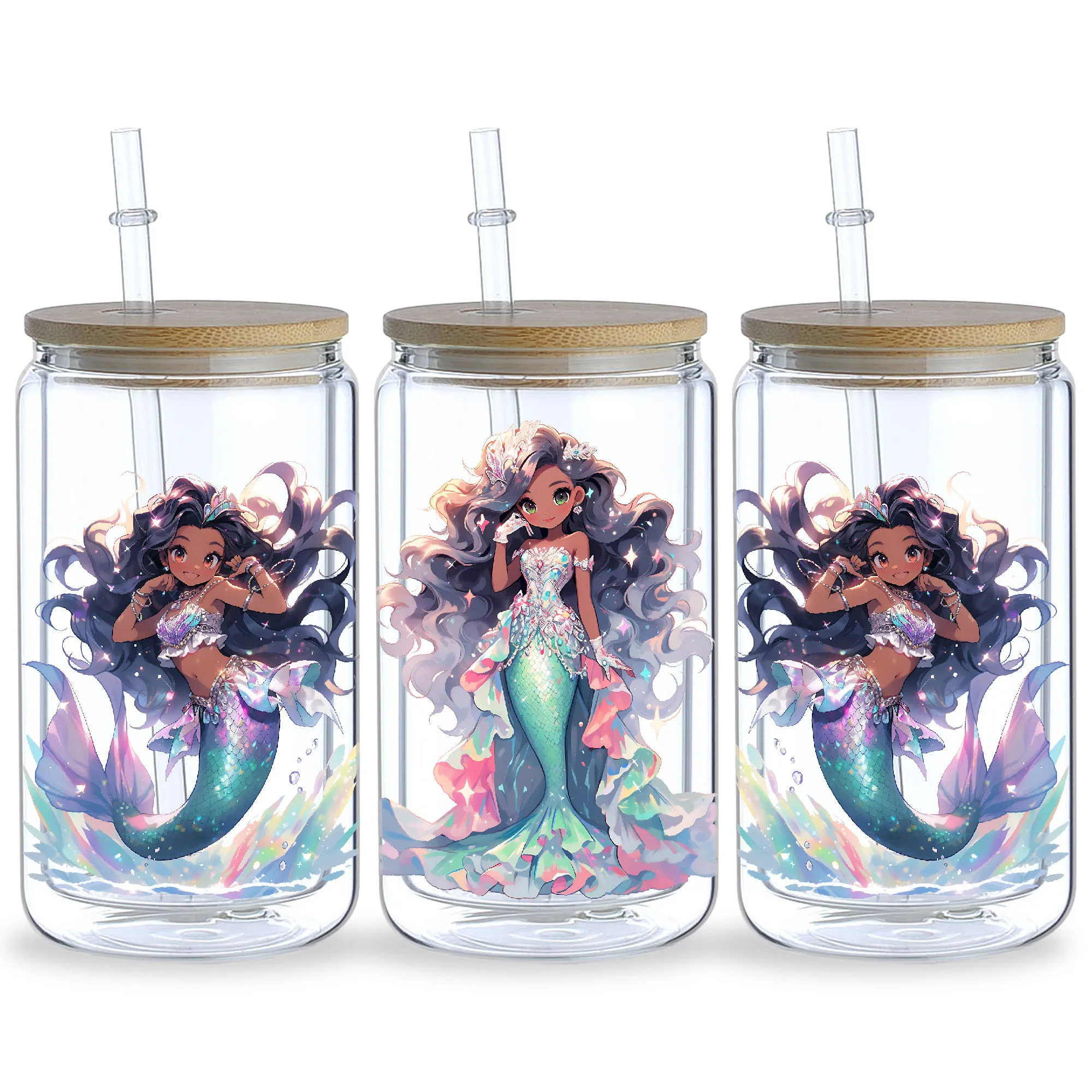 5 Sheets Mermaid UV DTF Cup Sleeve 16oz, Cup Sleeve Transfer Glass, Water Bottle Waterproof Sticker, Friction Transfer Sticker