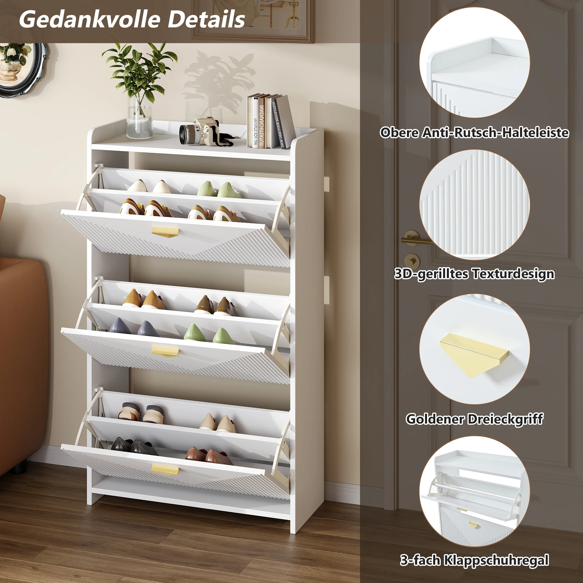 70*30*120cm Schuhschrank mit 3 unteren Klapptüren, Flurschuhschrank mit 6 Schuhfächern, Sideboard – Detail 8