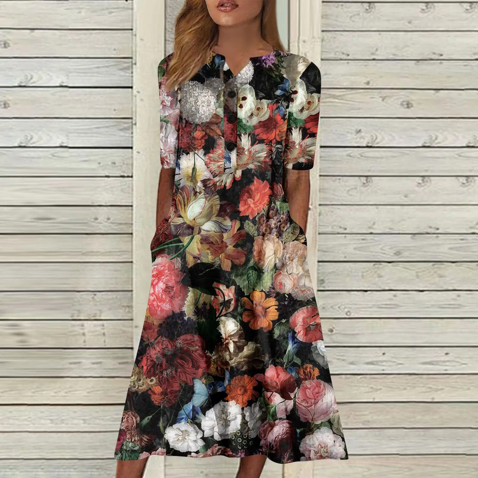 Floral Print V Neck Short Sleeve Knee Length Dress for Women
