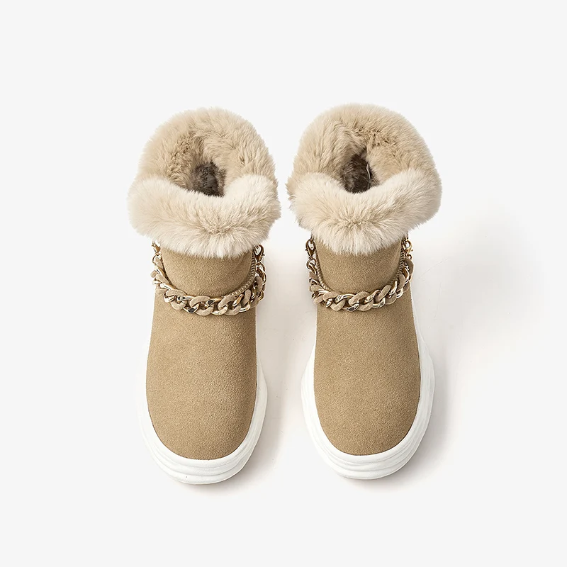BeauToday Snow Boots Women Cow Suede Leather Ankle Boots Round Toe Chain Decoration Ladies Winter Warm Shoes Handmade 08035