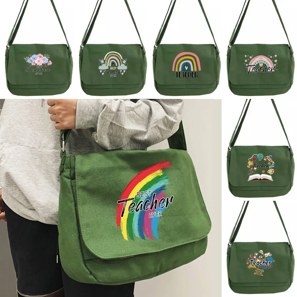 Women's School Messenger Bags for Women Shoulder Bags Green Canvas Large Capacity Casual Versatile Handbag Rainbow Pattern Print