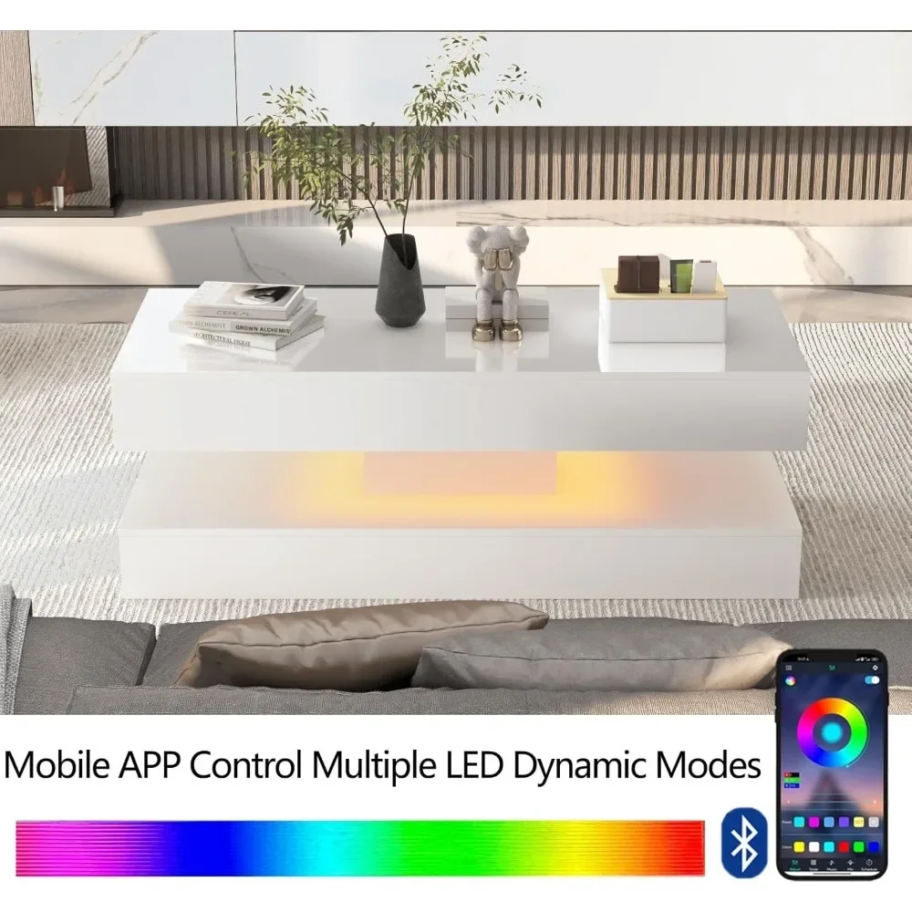 47.3IN High Glossy LED Coffee Table,LED Lights Modern Furniture for Living Room Suitable for living rooms and offices