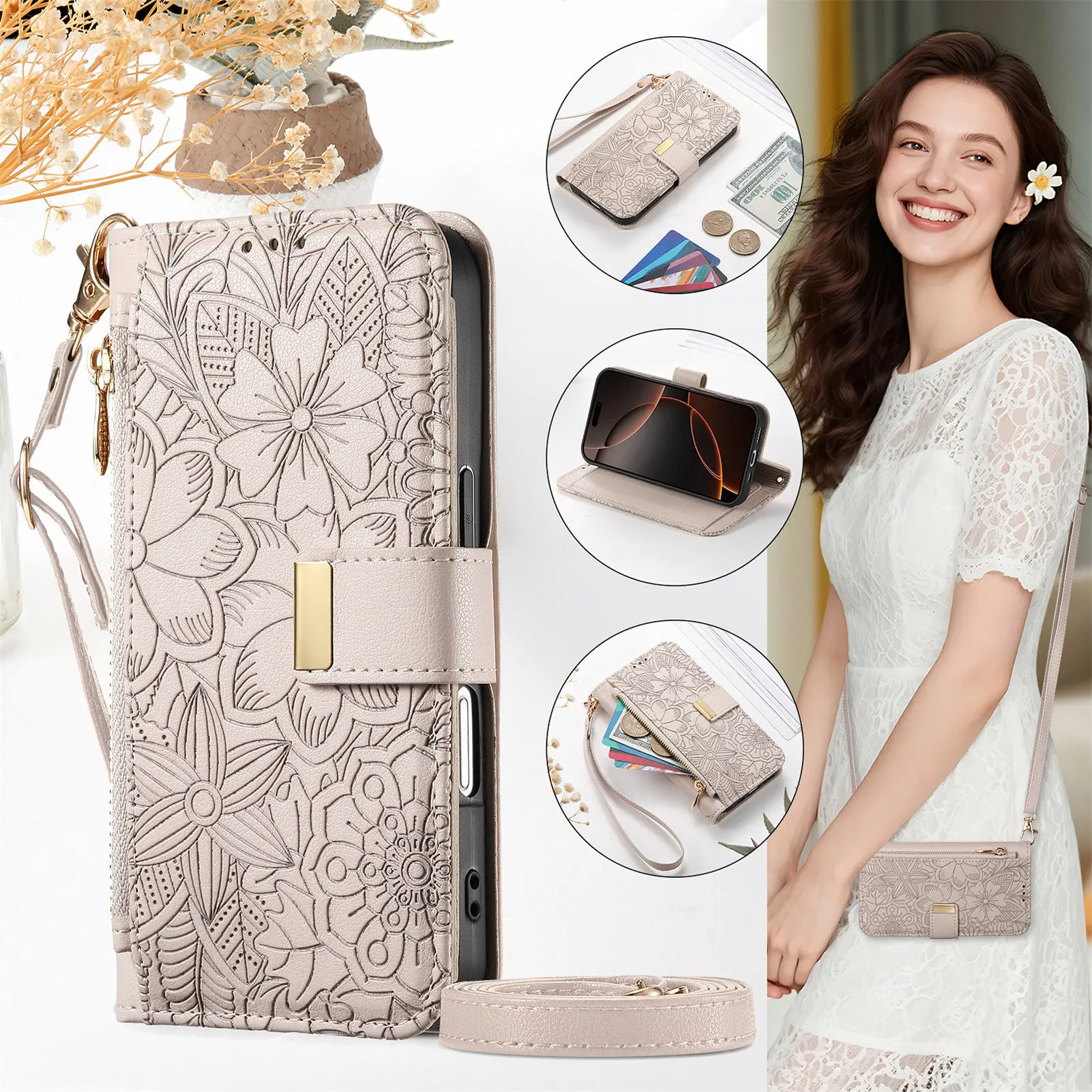 Petal Flower Leather Flip Cover Crossbody Zipper Wallet Case - Multi 6 Cards Capacity