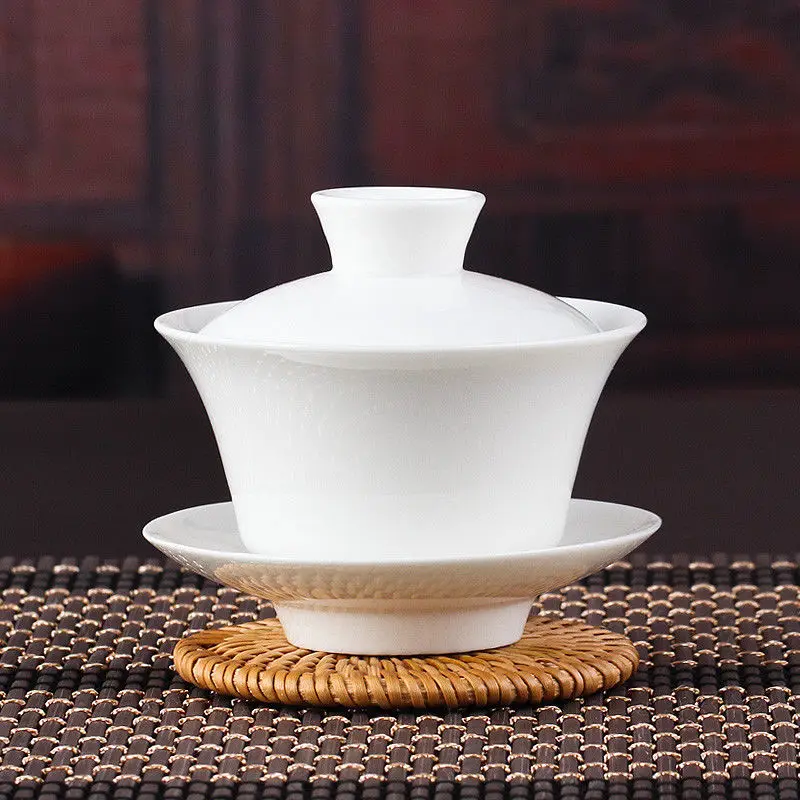 [GRANDNESS] Chinese Gaiwan Tea Set Kung Fu White Ceramic Gaiwan White Teaware Sancai Tea Cup