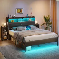 Bed Frame Full Size with Storage Headboard, Slide Out Bedside Storage, Beds with Charging Station & LED Lights, Full Bed Frame 1