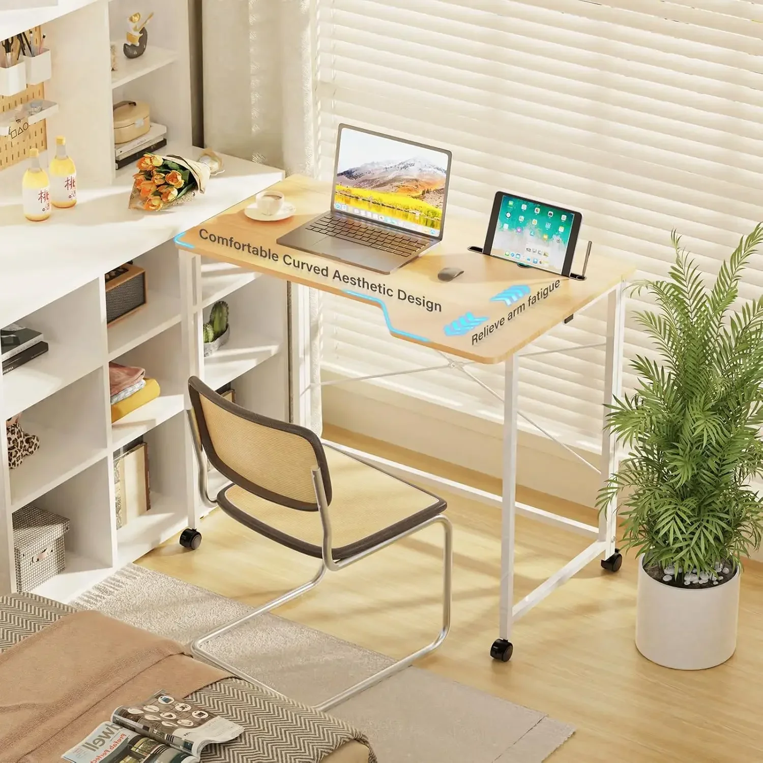 Folding Table with Wheels Movable Side Table Metal Legs Folding Desk with Computer Table Multi-Functional Study Work Table