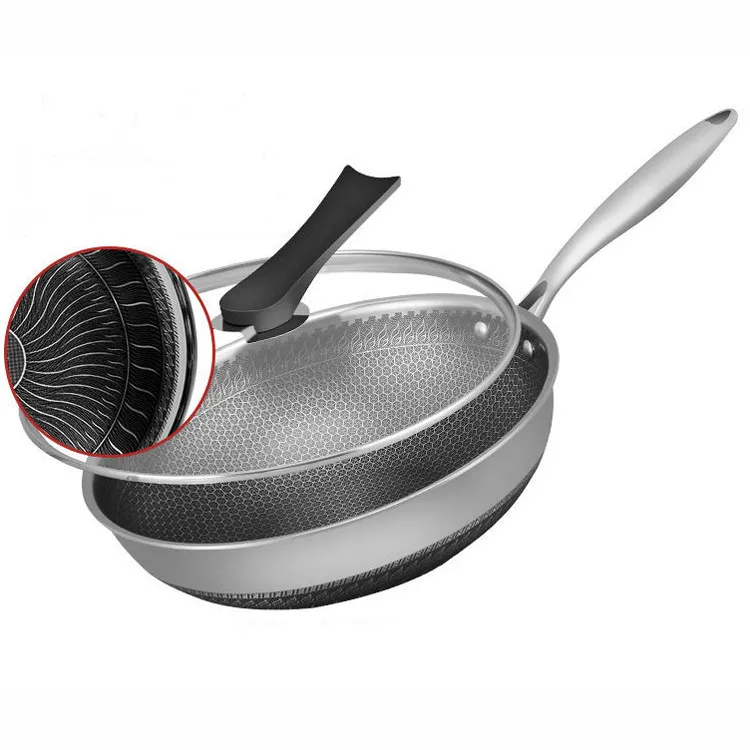 Honeycomb 32cm Frying Pan Silver 304 Stainless Steel Wok Non Stick 2.35kg