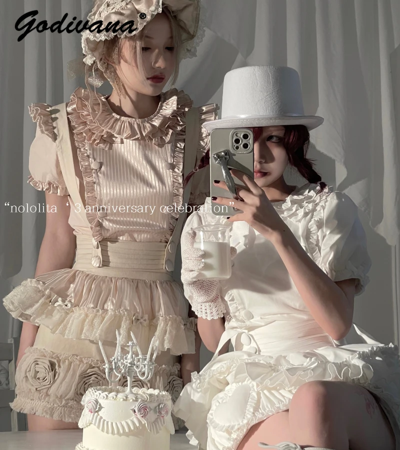 Original Design Lolita Top and Suspender Skirt Set Women Girls Retro Ruffled Short Sleeve Shirt Flower Bud Skirt 2 Piece Set wooden ear skirt original elegant retro classical pure color lolita skirt women spring new all match kawaii slim midi calf skirt