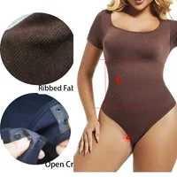 Dimmkof body Sexy côtelé une pièce col carré manches courtes body contrôle du ventre ouvert entrejambe body Shapewear costume 2
