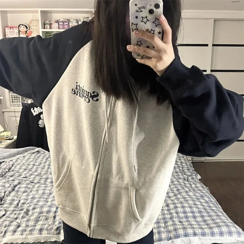 

Oversized Zip Up Hoodies Women Spring Autumn Harajuku Long Sleeve Sweatshirts Korean Fashion Patchwork Tops Streetwear Mujer