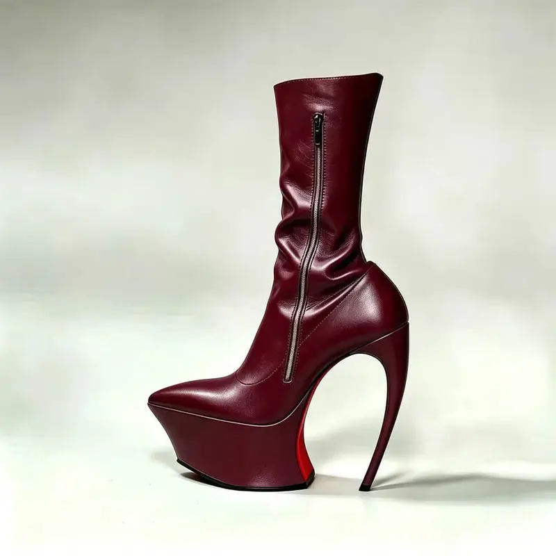 Ladies Sharp Point Toe Mid‑Calf Booties Hollow Sculpted Super High Heel Thick Platform Side Zipper Red Outsole Punk Party Show