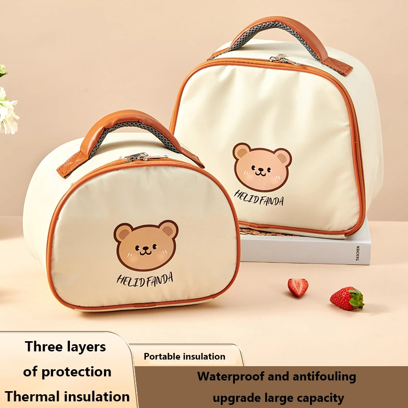 Lunch Bag Leather Bear Kids Large Capacity Bento Pouch for Children Thermal Insulated Cooler With Tableware Cup Tote Picnic Box