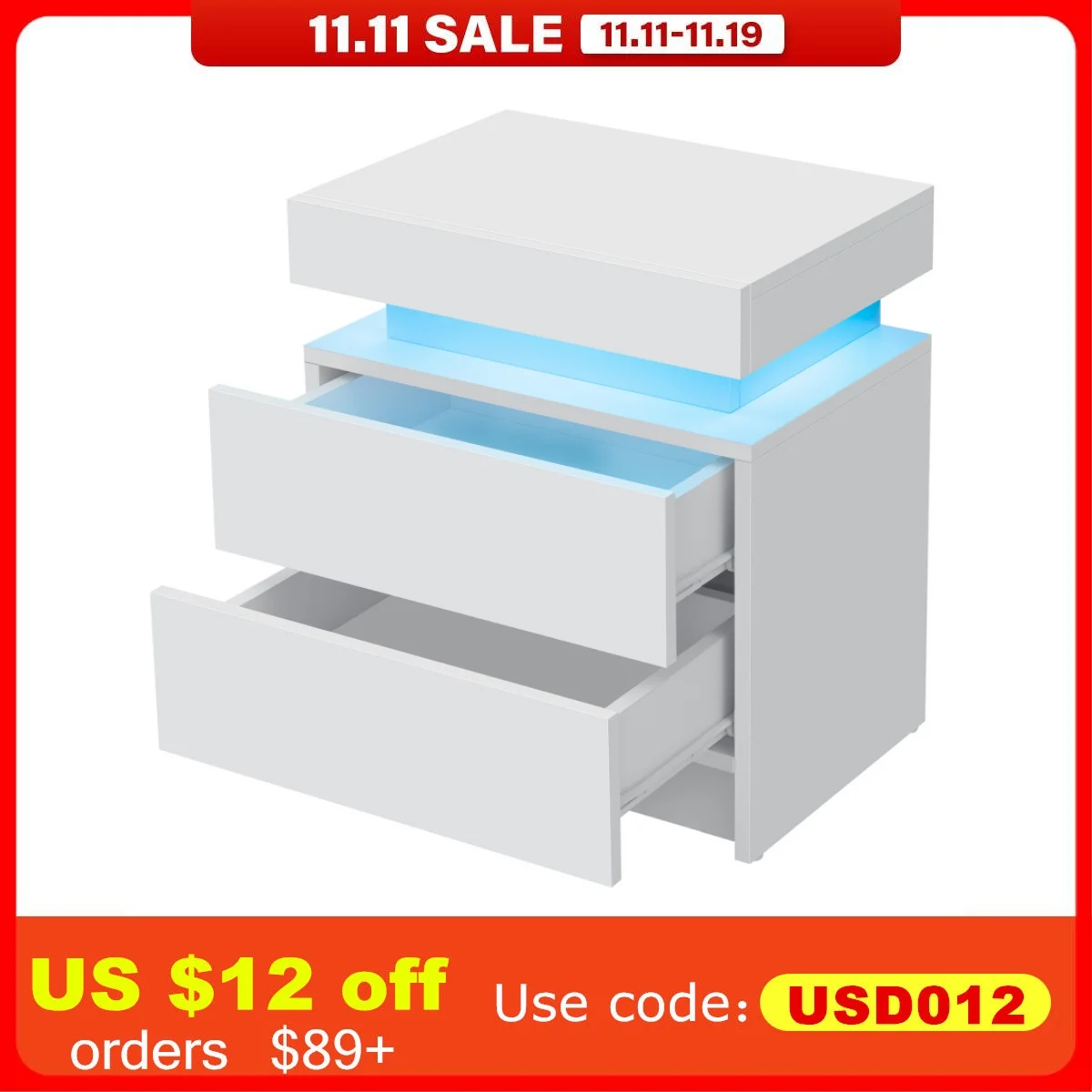 Nightstand RGB LED Light Bedside Table Cabinet with 2 Drawer Bedroom High Gloss