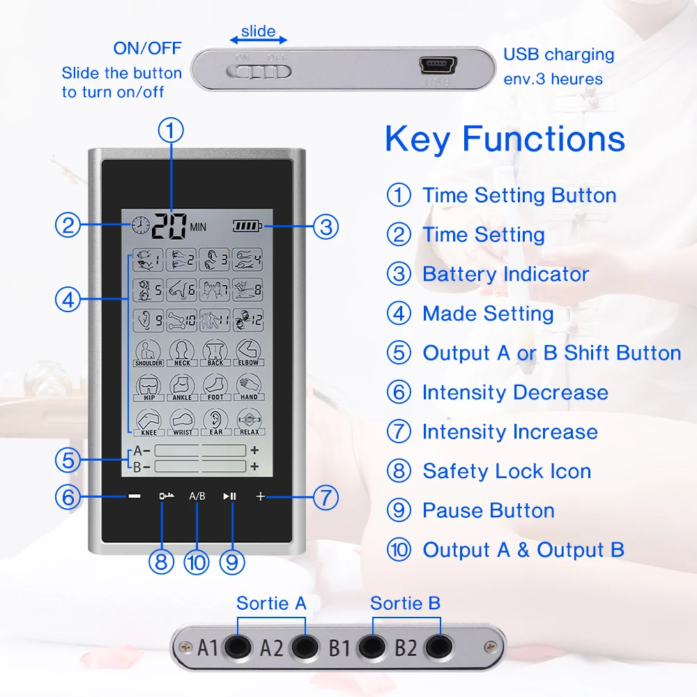 4 Outputs TENS Unit Muscle Stimulator 24 Modes