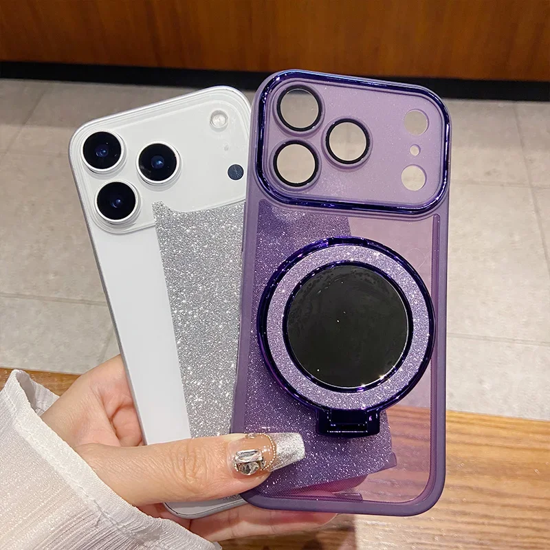 Luxury Glitter Bling Camera Film Case with Magnetic Makeup Mirror and Stand Cover