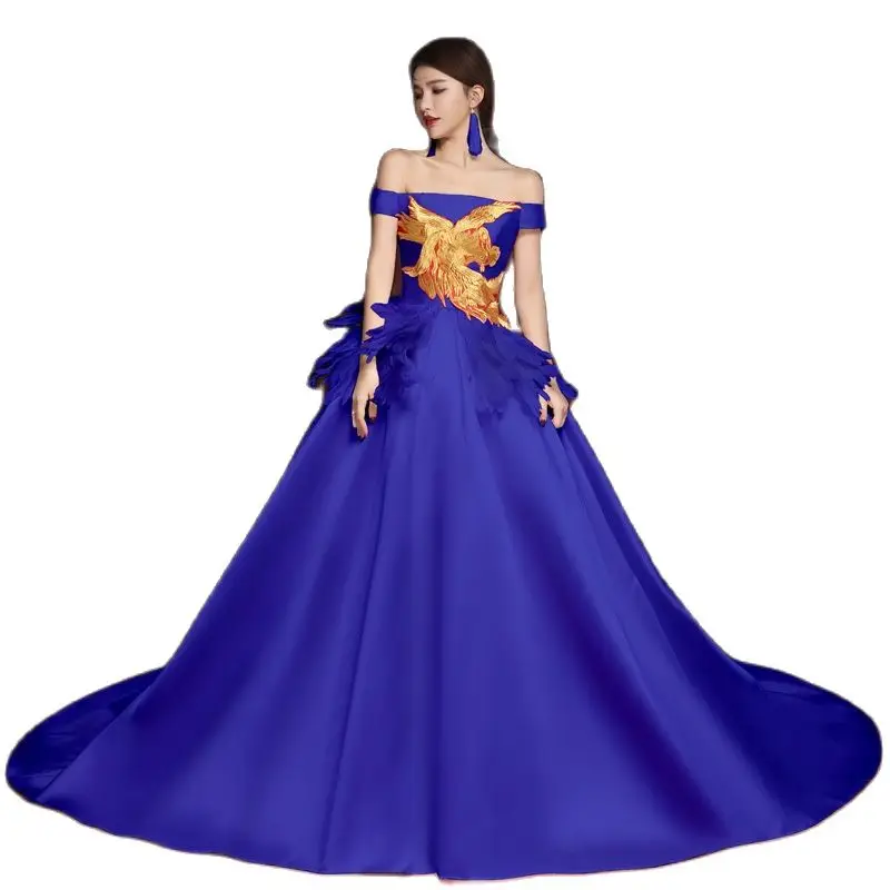 

Long Trailing Modern Cheongsam Sexy Mermaid Chinese Evening Dresses Blue Embroideried Qipao Bride Oriental Wedding Gown