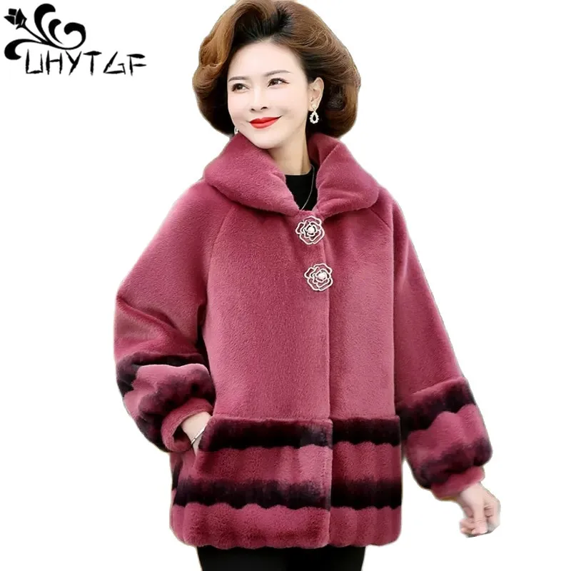 

UHYTGF Quality Imitation Mink Velvet Autumn Winter Woolen Coat Women Loose 6XL Size Jacket Female Casual Mom Short Overcoat 1957