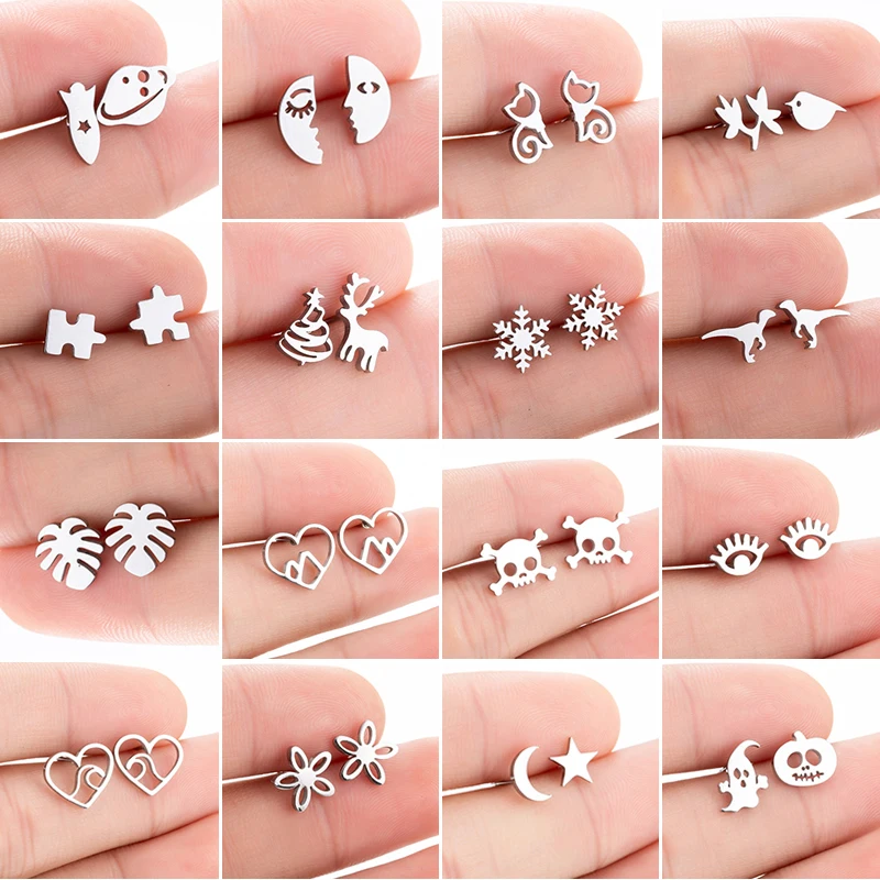 Koreanischen Stil Stern Mond Ohr Studs für Mädchen Minimalistischen Katze Puzzle Blatt Dinosaurier Ohrringe Schwarz Edelstahl Schmuck Ohrringe