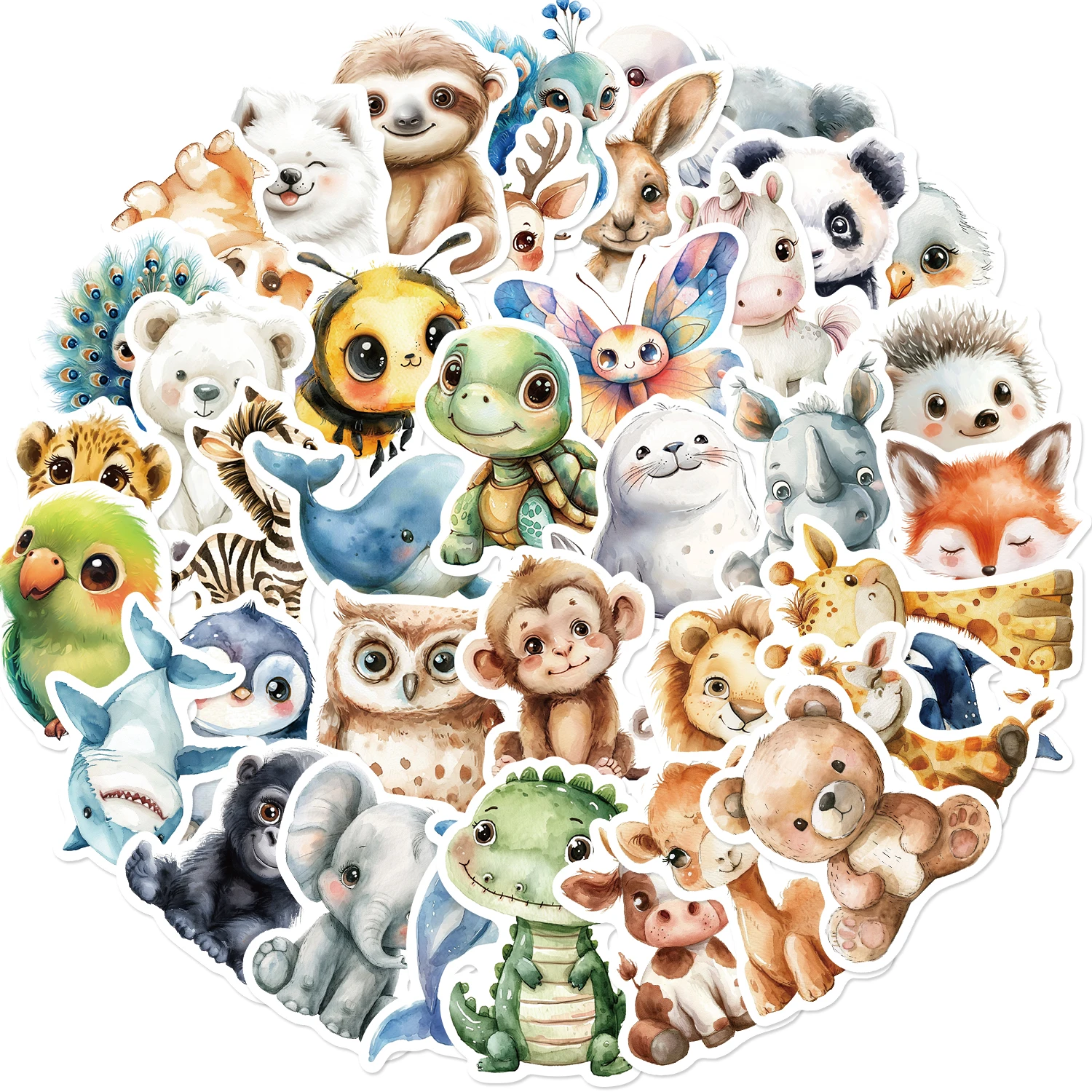50PCS Watercolor Animal Sticker Cartoon Cute Waterproof Stickers Creative Trendy Notebook Refrigerator Helmet Car Decoration Toy