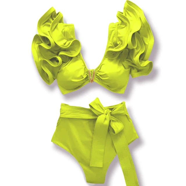 Sporlike-Bikini de cintura alta con cuello en V para mujer, traje de baño de dos piezas con volantes, estampado Sexy, 2024 - Imagen 3