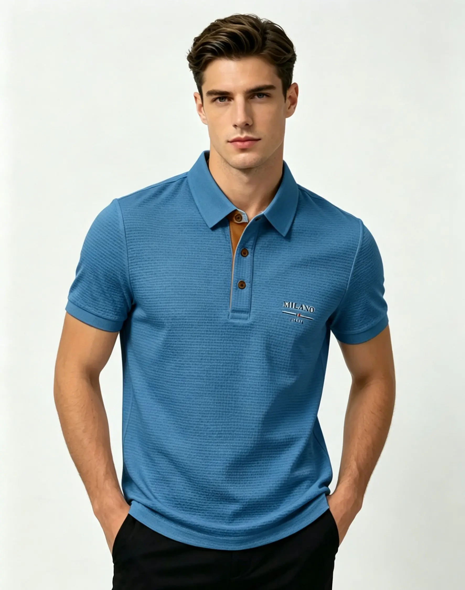 Polo da Uomo Milano Italia con Lettere Jacquard, Tessuto Traspirante ad Asciugatura Rapida, Casual Business per Esterni e Uso Quotidiano, Manica Corta - immagine 4