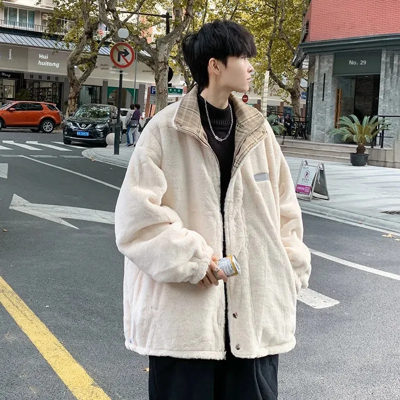 남성용 양면 모직 재킷, 가을 겨울 트렌디 체크 무늬 멋진 힙합, 홍콩 스타일 학생 코튼 패딩 코트, 가디건