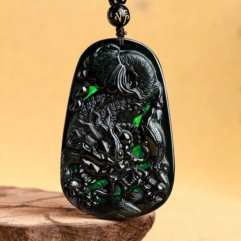 Genuine Natural Burmese Black Emerald Dragon Fish Jade Pendant Necklace Carved Fashion Charm Jewelry Amulet Gifts for Men Luxury
