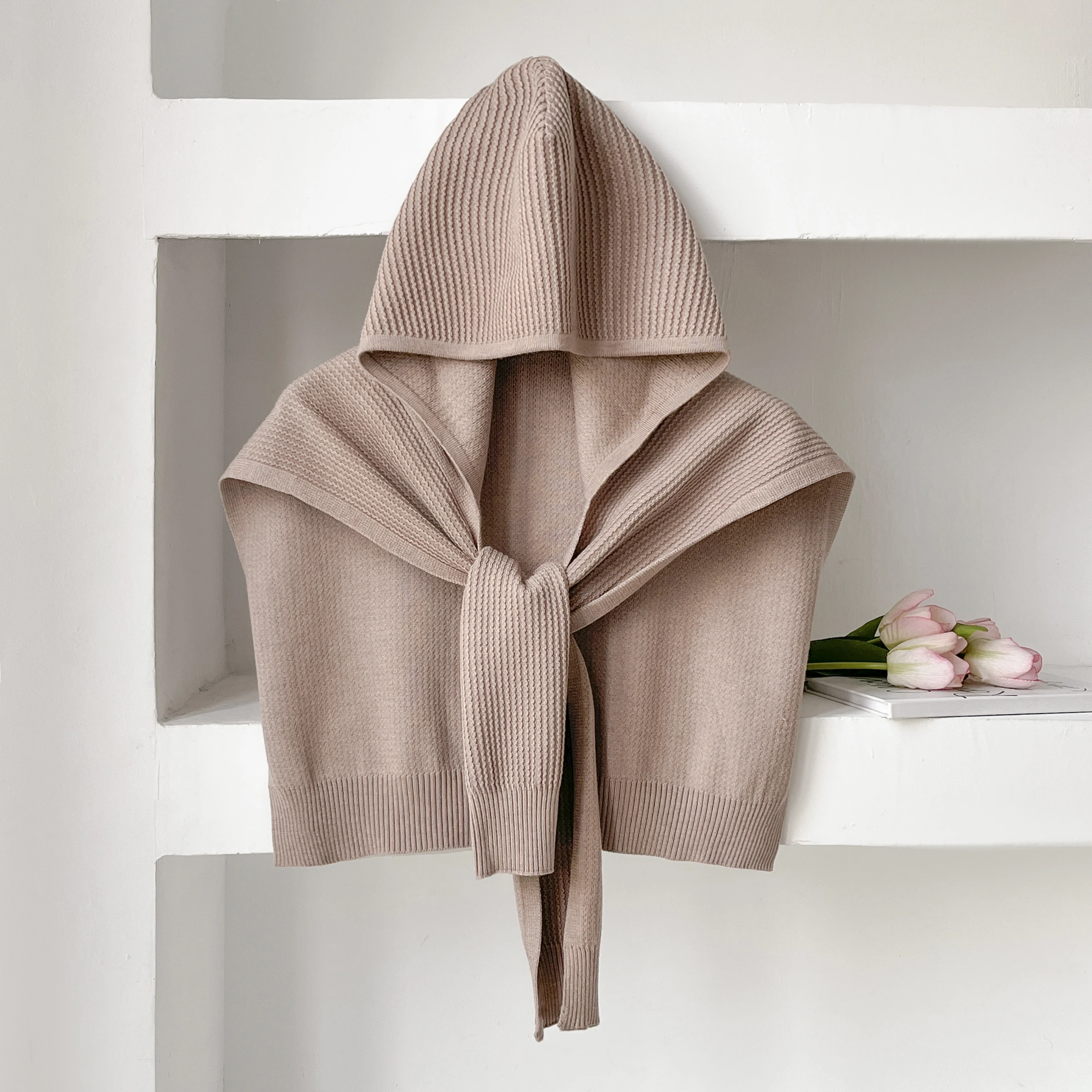 2025 Latest Solid Color Knitted Shawl Summer Air Conditioning Knit Hooded Hat Thin Knotted Cape Shoulder Scarf For Women