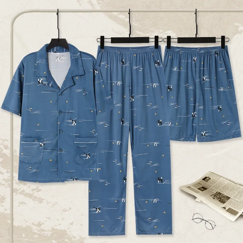 Men's Summer Pajama Set Short Sleeve Trousers 100% Cotton Thin Suitable For Home Wear