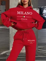 Women's autumn and winter fashion casual MILANO ITALIA printed and plush thick warm hooded sweatshirt+sports pants set - Image 6