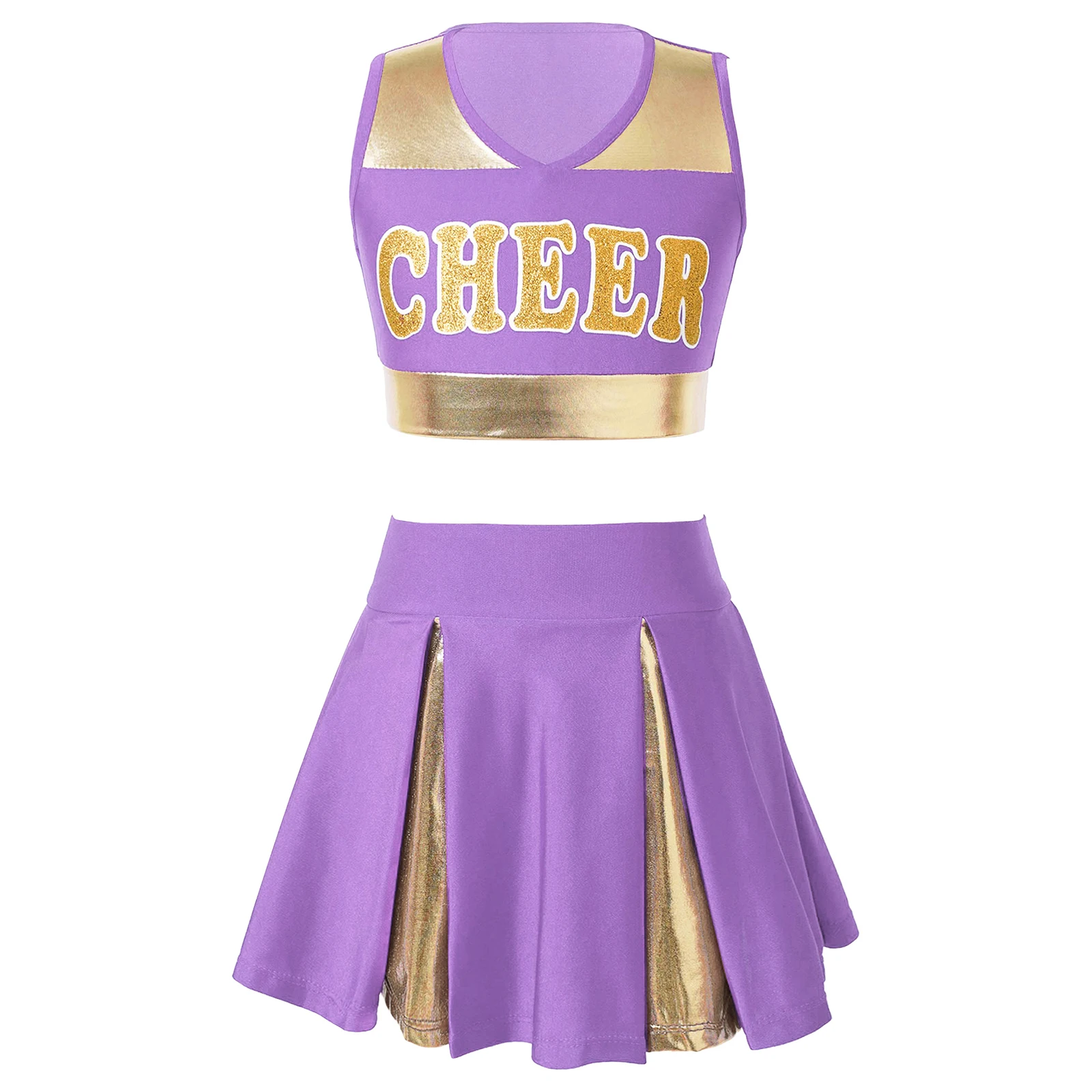 

Children Girls Cheerleading Uniform Sleeveless Letter Print Cheerleader Costume Crop Top with Mini Skirt Halloween Cosplay