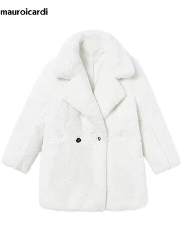 Mauroicardi Winter Oversized Purple Warm White Faux Fur Coat Women Long Sleeve Double Breasted Loose Casual Soft Fluffy Jacket 1