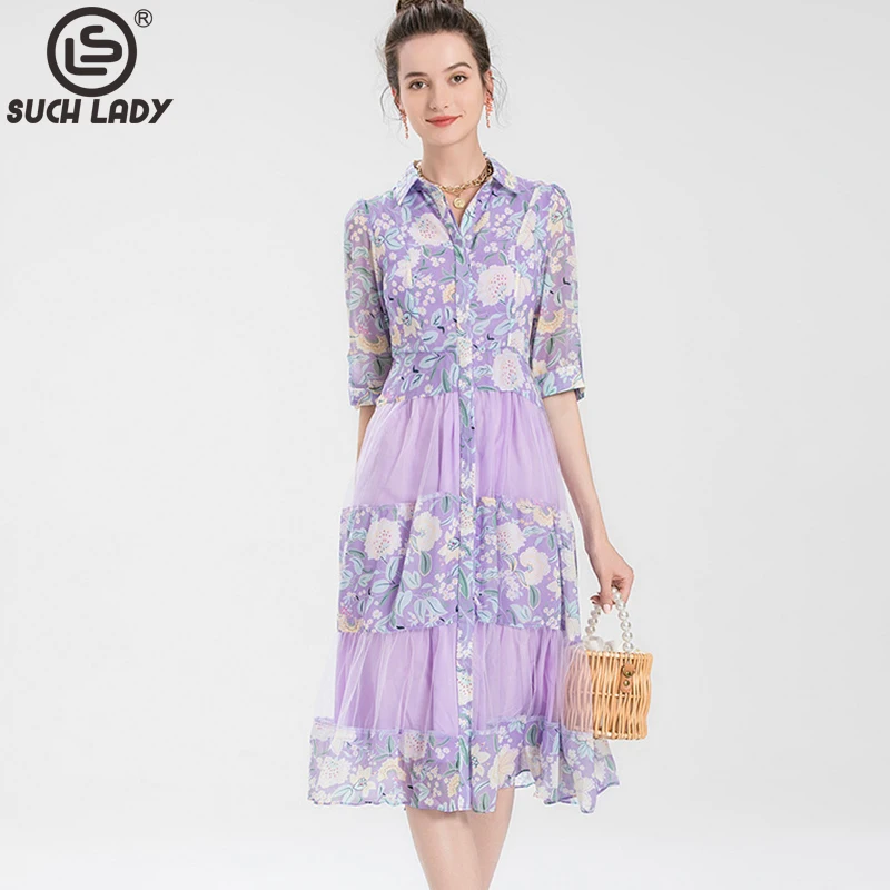 

Women's Runway Dress Turn Down Collar 3/4 Sleeves Printed Patchwork Elegant Fashion Dresses Vestidos