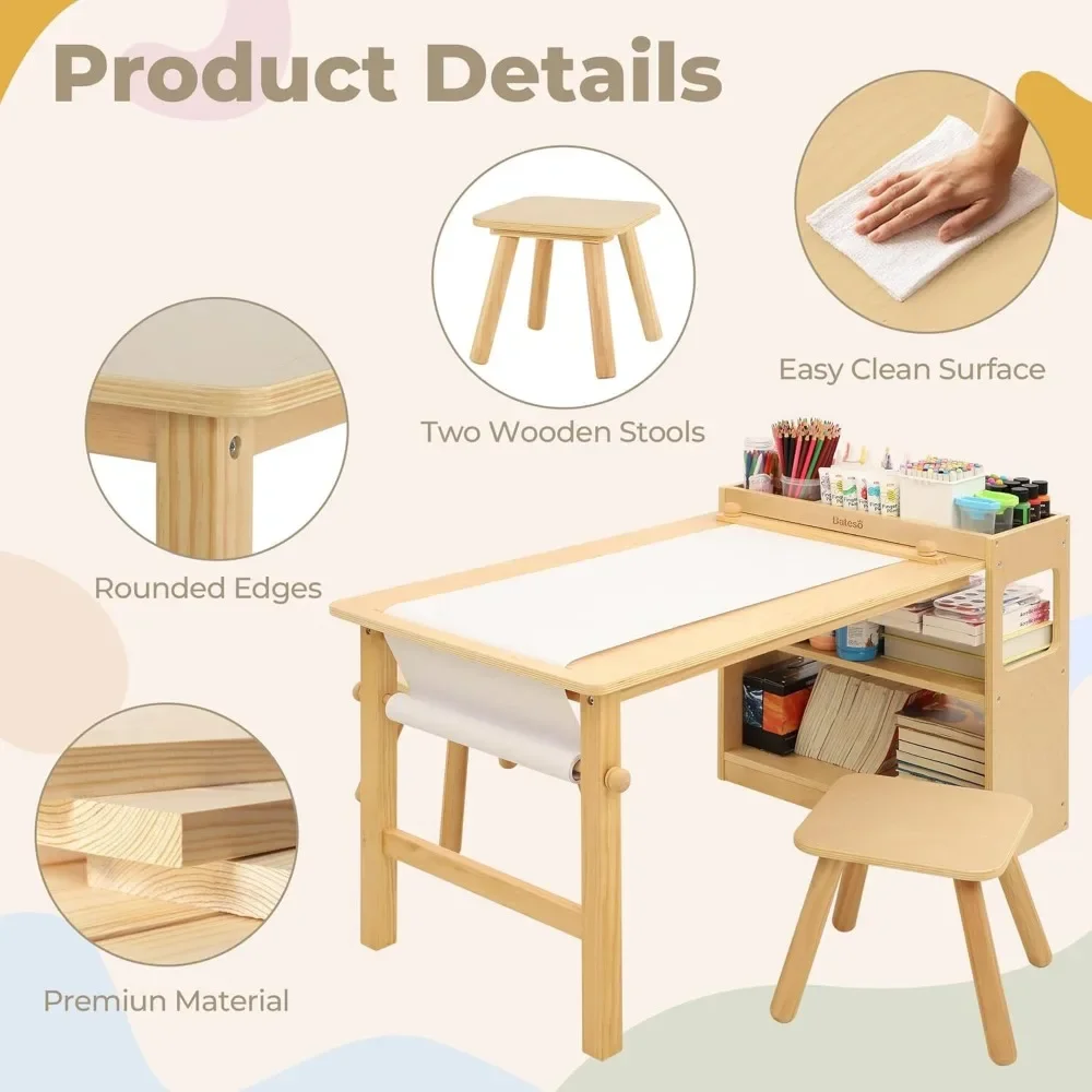 Kids Art Table & 2 Chairs Set with Roll Paper - Spacious Craft Table with Storage Shelves for Drawing, Activities, and Study 5