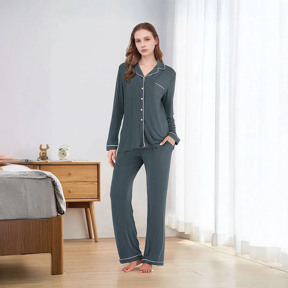 Modishion Long Sleeve Lapel Pyjamas Solid Colour Loungewear Set Button Top and Pants Women's Sleepwear Loungewear: 3 - 5 Days Free Delivery Only UK
