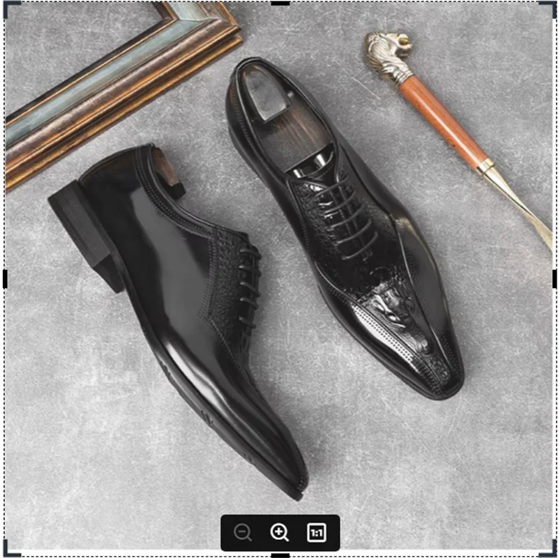Shoe Guy. Leather dress shoes for men, crocodiles embossed, fashionable men, groom's style, large size