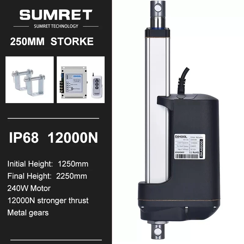 

250mm Stroke Linear Actuators Kit RF Controller Bracket For Medical Device DC 12V 24 Volt Heavy Duty 12000N High Power 60MM/S