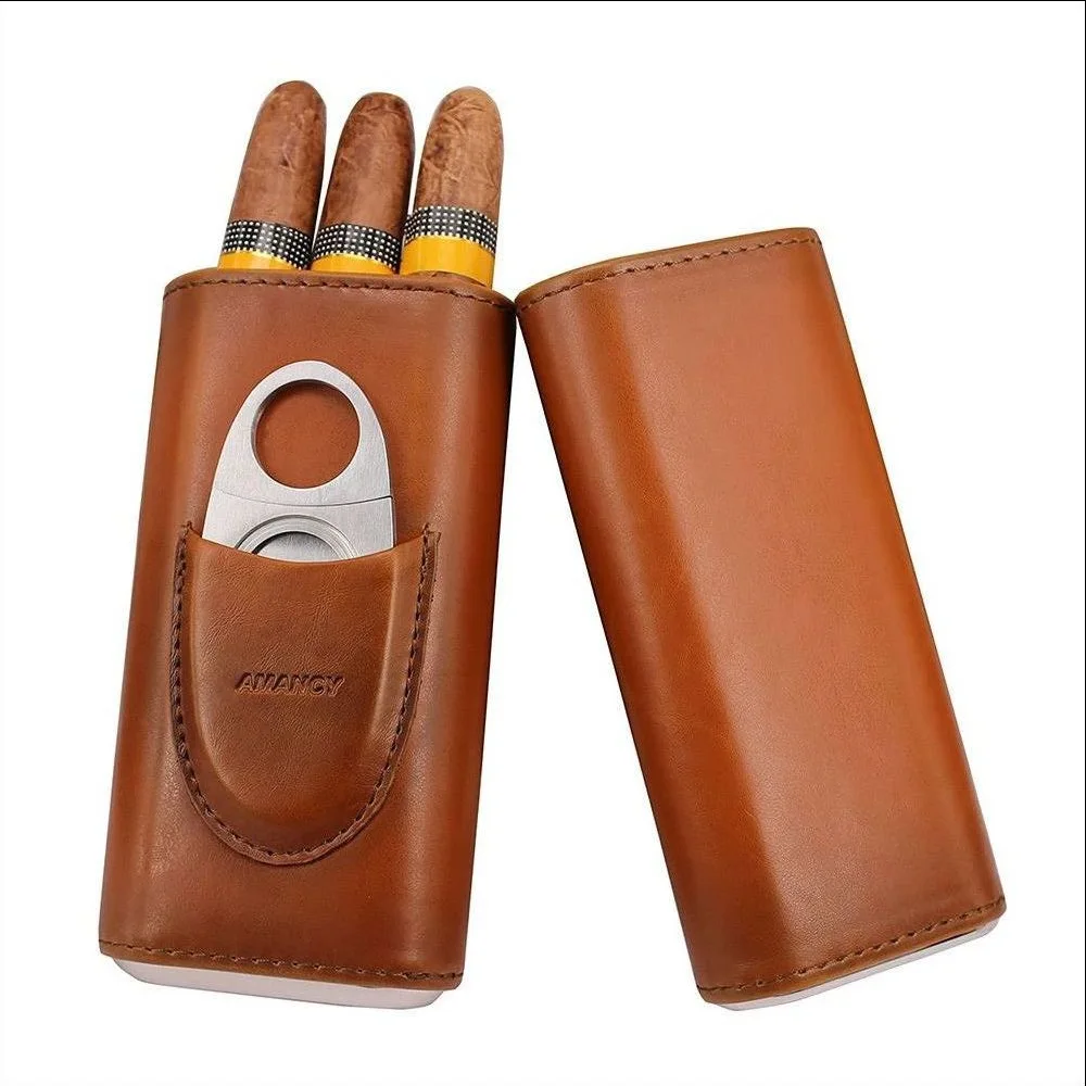 Portable Three-Finger Cigar  Two Choices Cowhide  Leather Case with Silver Cigar Cutter