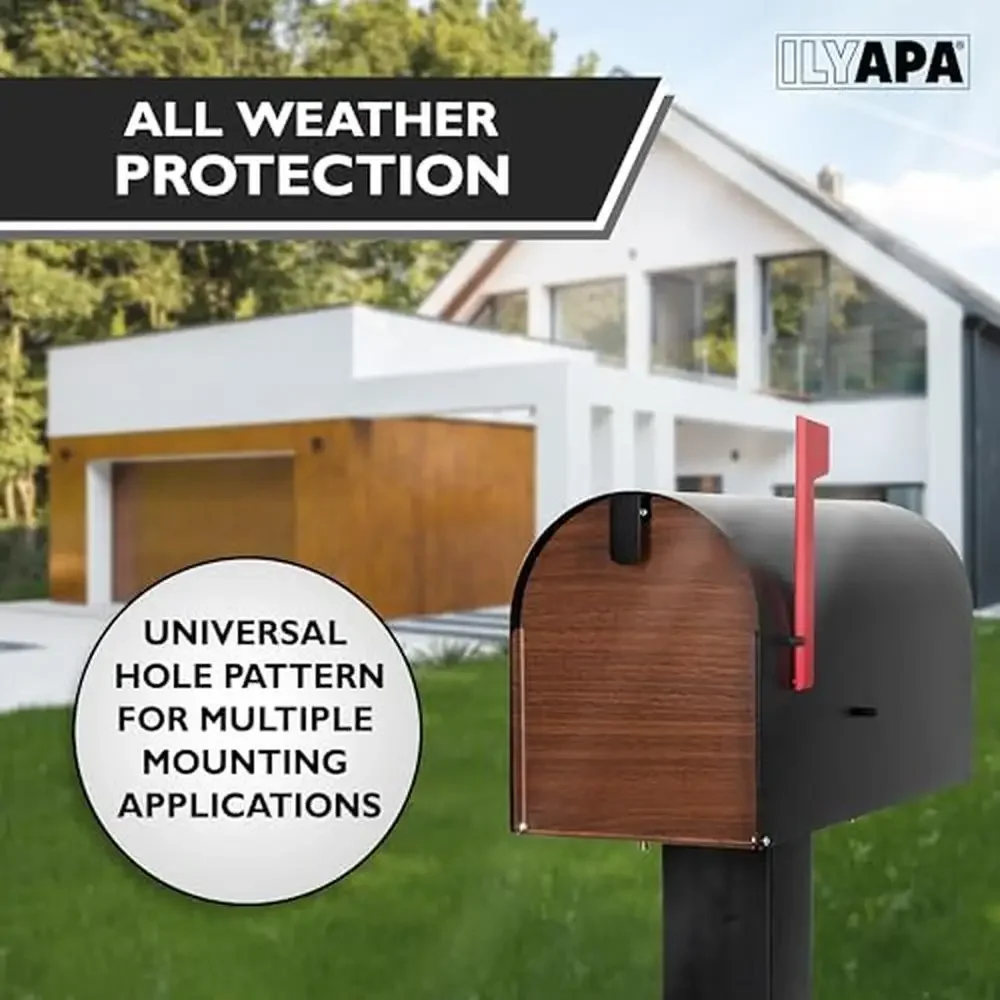 Modern Black Metal Mailbox with Wood Pattern Door Heavy Duty Steel Post Mount Outdoor Mail Box Weather Resistant Design Spacious