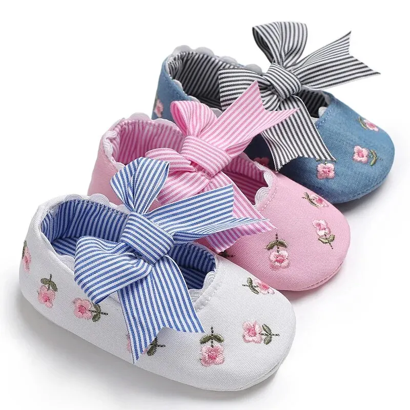 Meckior Printed Baby Girl Shoes Bowknot Soft Sole Anti-slip Shallow Baby Girls Princess Shoes First Walker Crib Soft Sole Shoes