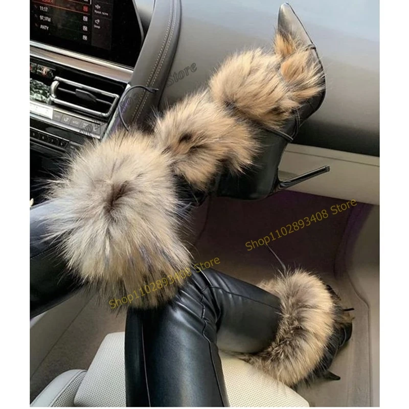 

Black Fur Decor Strappy Mid Calf Boots British Style Pointed Toe Stiletto High Heel Women Shoes 2023 Sexy Zapatos Para Mujere