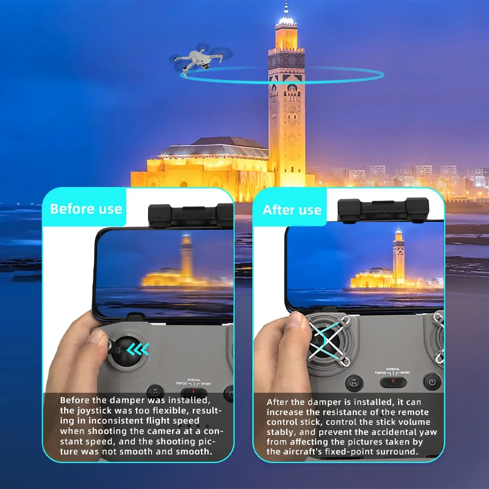 Support de joystick pour télécommande DJI RC-N1 installé, offrant un contrôle stable et précis.
