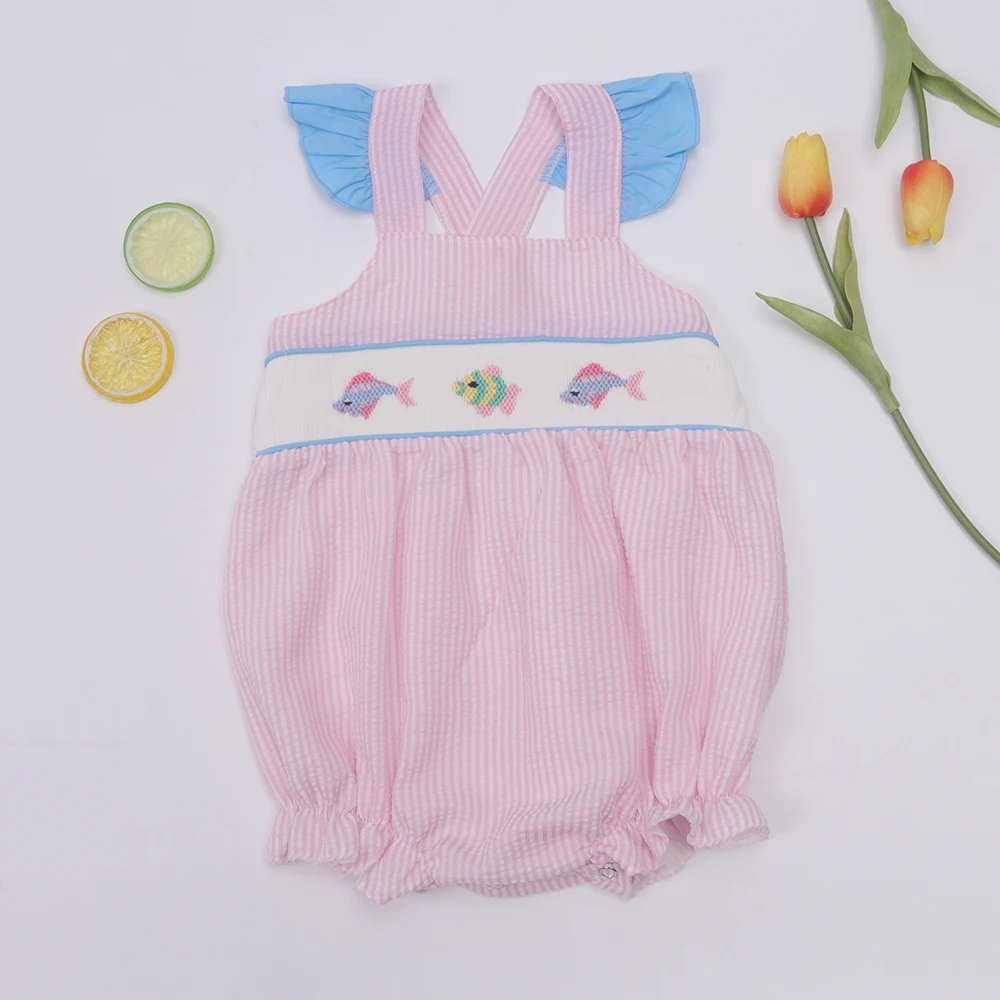 

0-3T Fishing Baby Girl Clothes Summer Smocked Rompers Sleeveless Pink Jumpsuits With Fishes Hand Embroiderey One-pieces Bodysuit