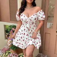 Plus Size Sweet Fitted Midi Dress with Bubble Sleeves And Large Skirt Hem Floral Print Country Style Women's plus Size Dress