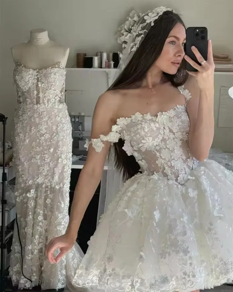 Customized Mini robes de soirée Off the Shoulder Elegant Sleeveless Evening Dresses Lace-up Back Short Wedding Dresses AE504 2