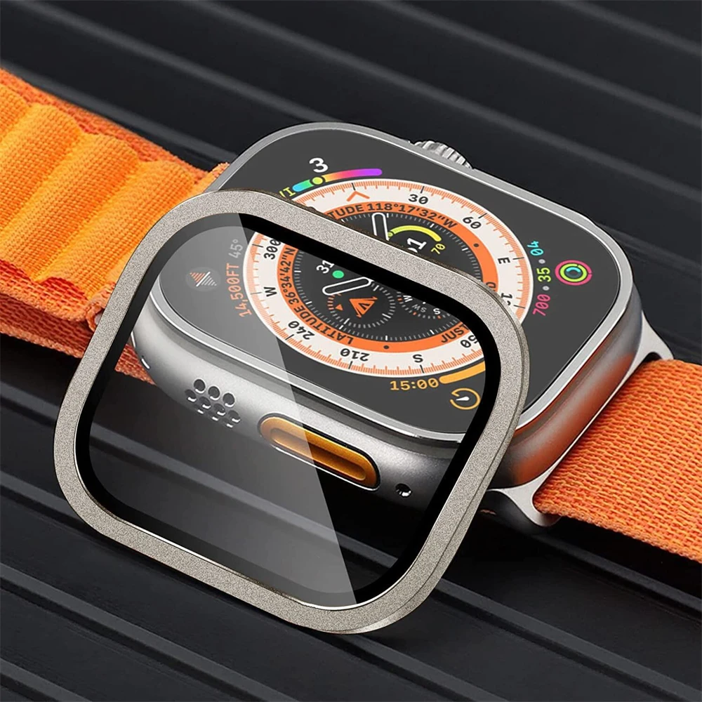 애플 워치용 금속 케이스, 울트라 49mm 커버, 강화 유리 스크린 보호대, 방수 보호 범퍼, 아이워치 49mm 투명 필름