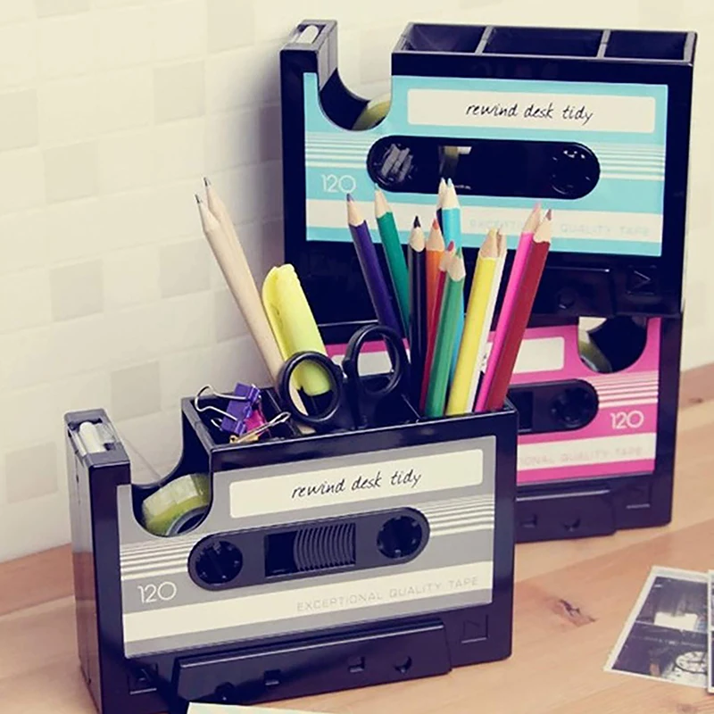 2 In 1 Multifunctional Pen Holder Creative Office Desk Stationery Organizer Retro Cassette Tape Dispenser Gift pen holder pen and brush holder desk organizer desk storage rack