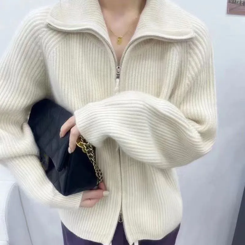 Pure Cashmere Zippered Lapel Women Sweater